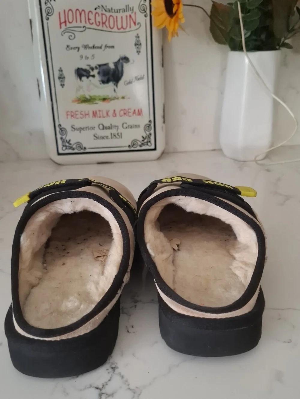 UGG Mens Beige Slip-On Clog with Yellow Accent